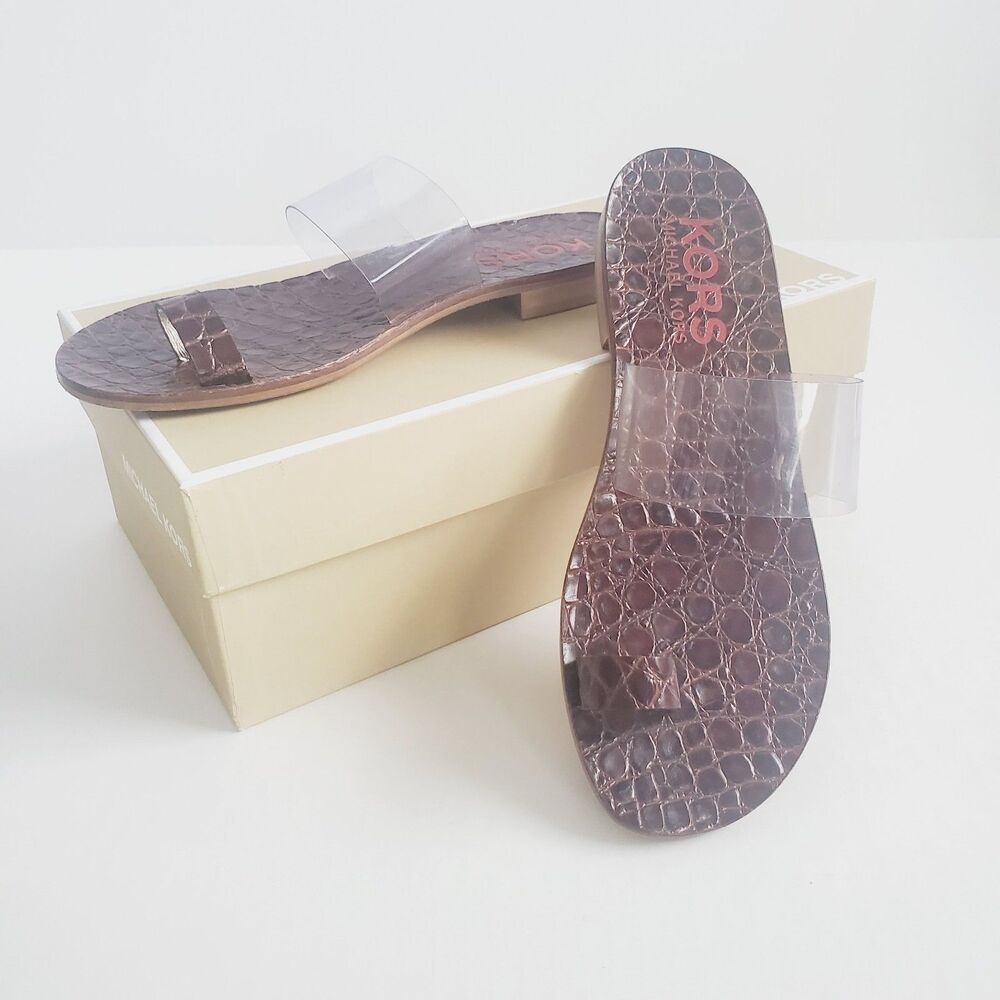 KORS Michael Kors Clear Strap Toe Loop Sandals Size 7M Croc Embossed Slides